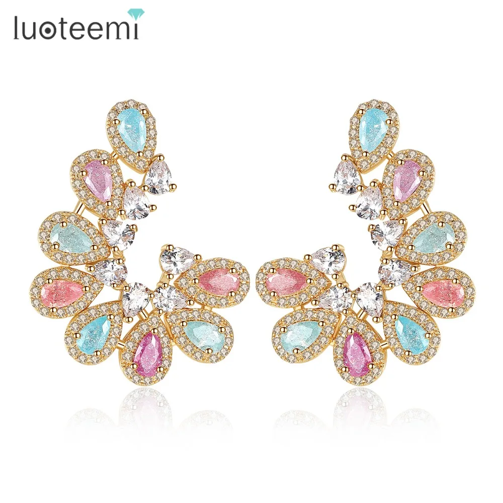 

LUOTEEMI Women Fashion Champagne Gold Color Multicolor Ice CZ Waterdrop Pearl-Cut Big Stud Earrings Gift Present Christmas