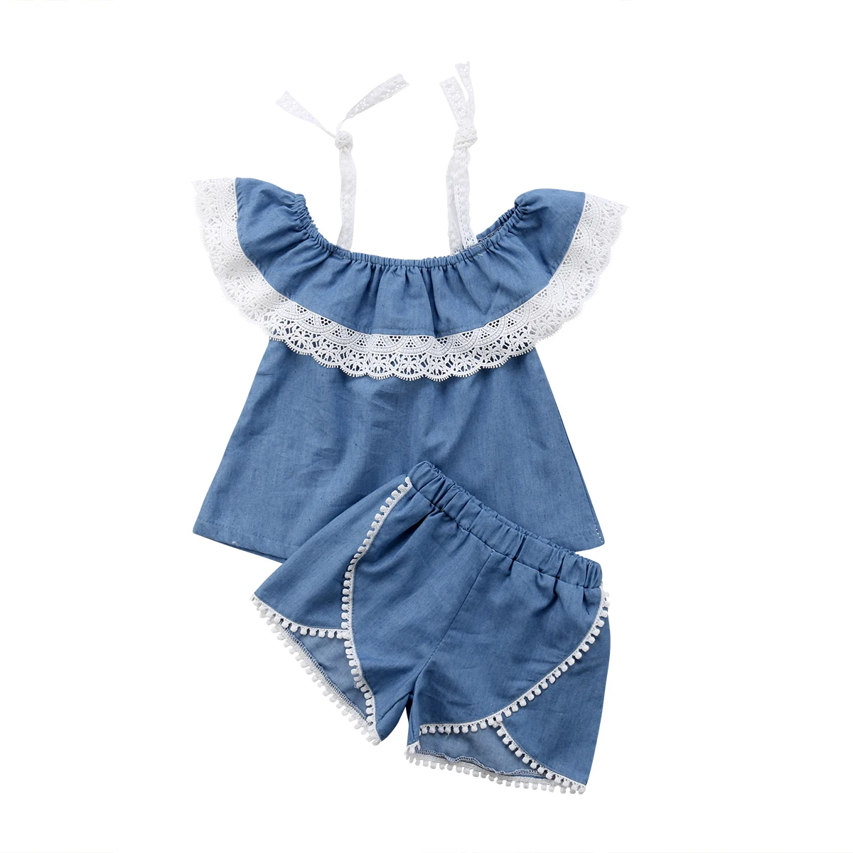 2018 Newly Toddler Baby Girls Cute Pretty Summer 2PCS Sets Off Shoulder Blue Lace Belt T-Shirts Tops Solid Shorts Clothes | Детская
