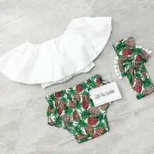 Одежда для новорожденных девочек; топы с воротником в виде листьев лотоса; укороченные штаны с принтом ананаса; повязка на голову; комплект из 3 предметов; летняя одежда