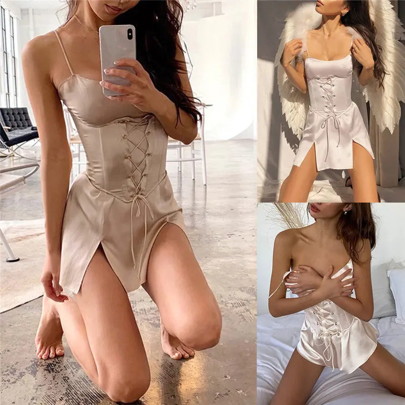 

Popular Sexy Dress for Woman Women Pure Color Bandage Fork Opening Camisole Dress Clubwear Ladies MINI Fashion Cloth Robe Femme