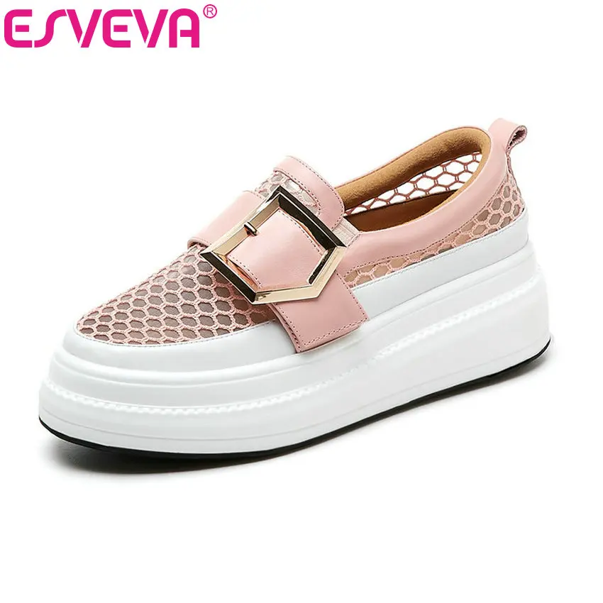 

ESVEVA 2019 Women Leather+Mesh Wedge Med Heel Round Toed Slip On Butterfly-Knot Platform Elegant Ladies Shoes Size 34-39