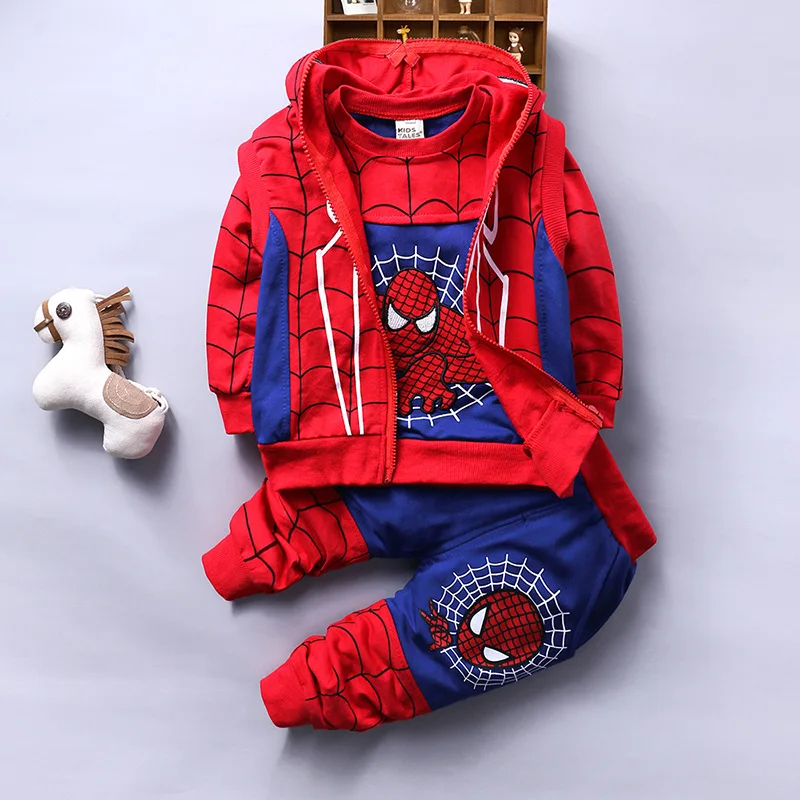 

Boys Cosplay Spiderman Sets Cartoon T-shirt Vest Sports Pants Children's 3pcs Baby Boy Hooded Zipper Kids Super hero Clothing
