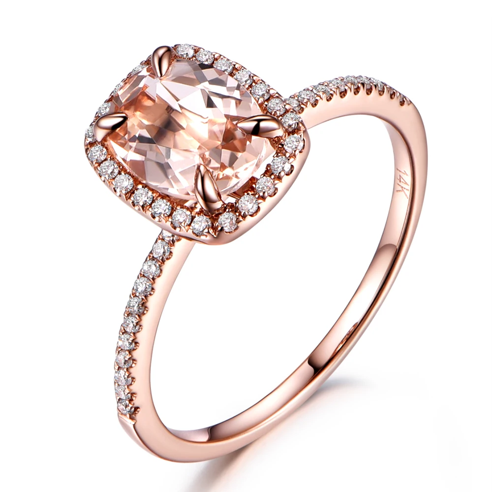 MYRAY Pink Morganite Engagement Ring 6x8mm Oval Cut Stone 14K Rose Gold Diamond Band Bridal 