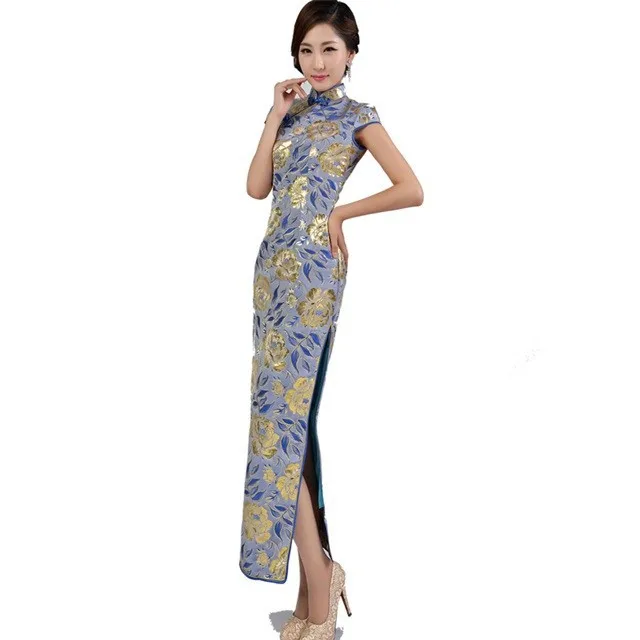 Высокая мода голубой китаянка парча Длинные Cheongsam Qipao светская халат De Soiree Бесплатная доставка Размеры размеры s m l xl XXL QS14