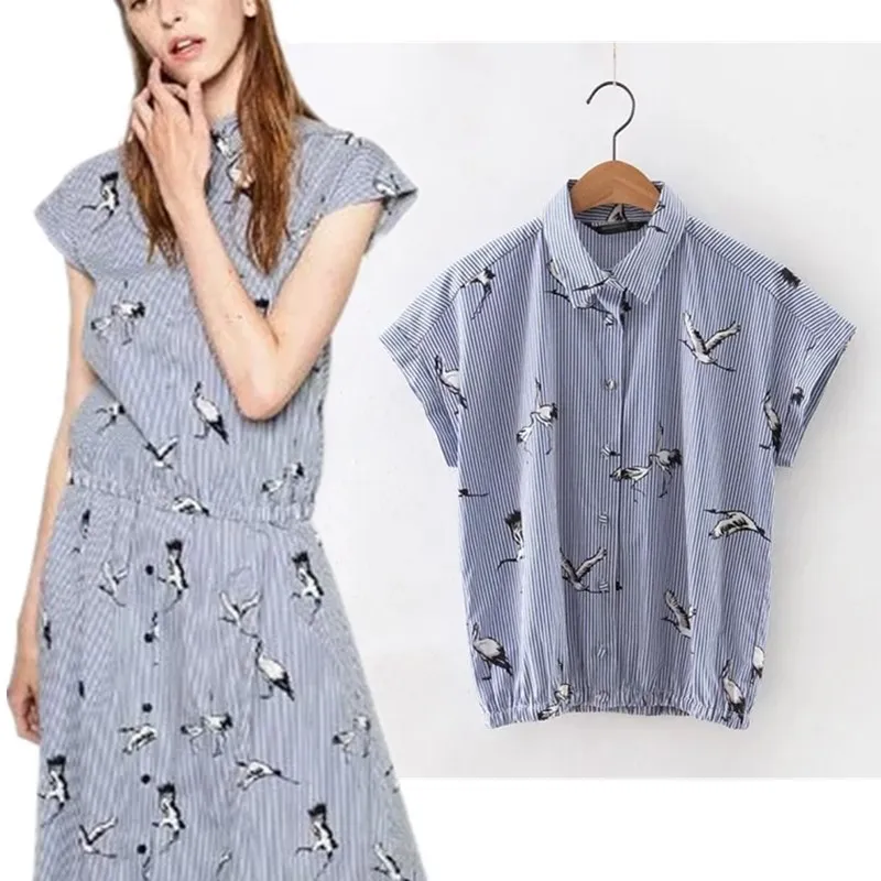 

For women birds print loose blue striped shirt with turndown collar blouse with short sleeves summer fashionable tops blusas