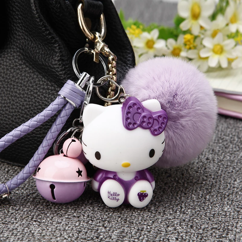 

Real Rex Rabbit Fur Pom Pom bag Keyring keychain fur ball puff fluffy hello kitty cat bell leather strap women girlfriend gift