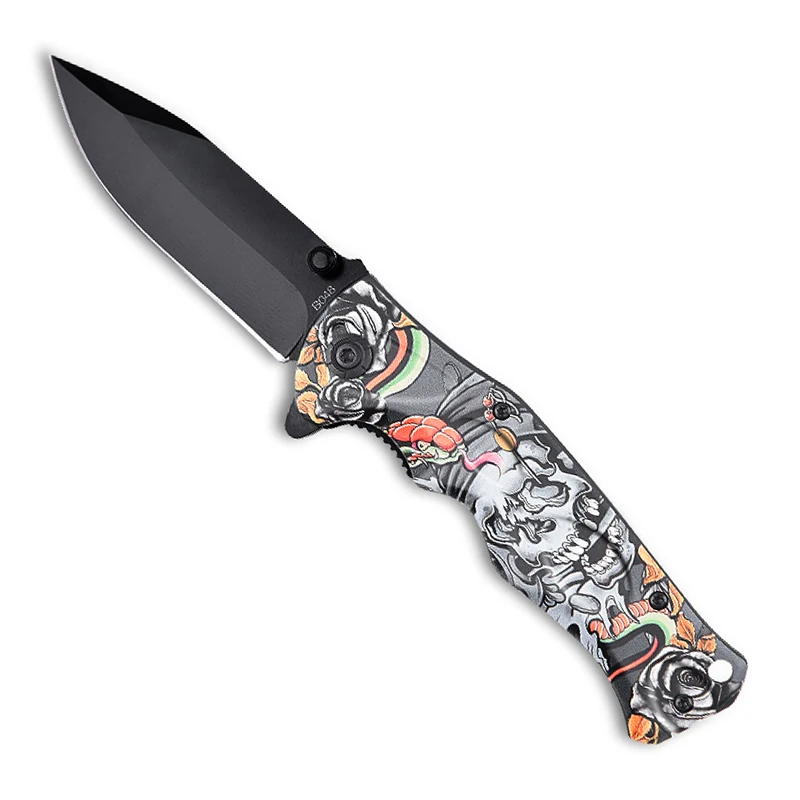 

2019 New Pocket Knife Folding Blade Aluminum Handle Black Blade Titanium Spring Pocket Slip Skull Printed Design Camping Knives