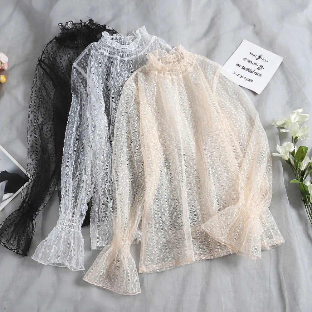 

Sweet Women Autumn Hollow Out Long Flare Sleeve Basic Ruffles Shirt Elegant New Turtleneck Mesh Gauze Pullover Blouse Voile Tops