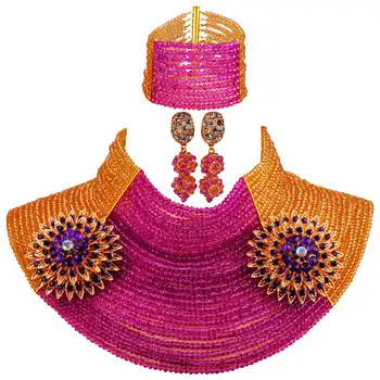 

25 Layers Gold and Purple African Wedding Necklace Crystal Beads Jewelry Set 25R19