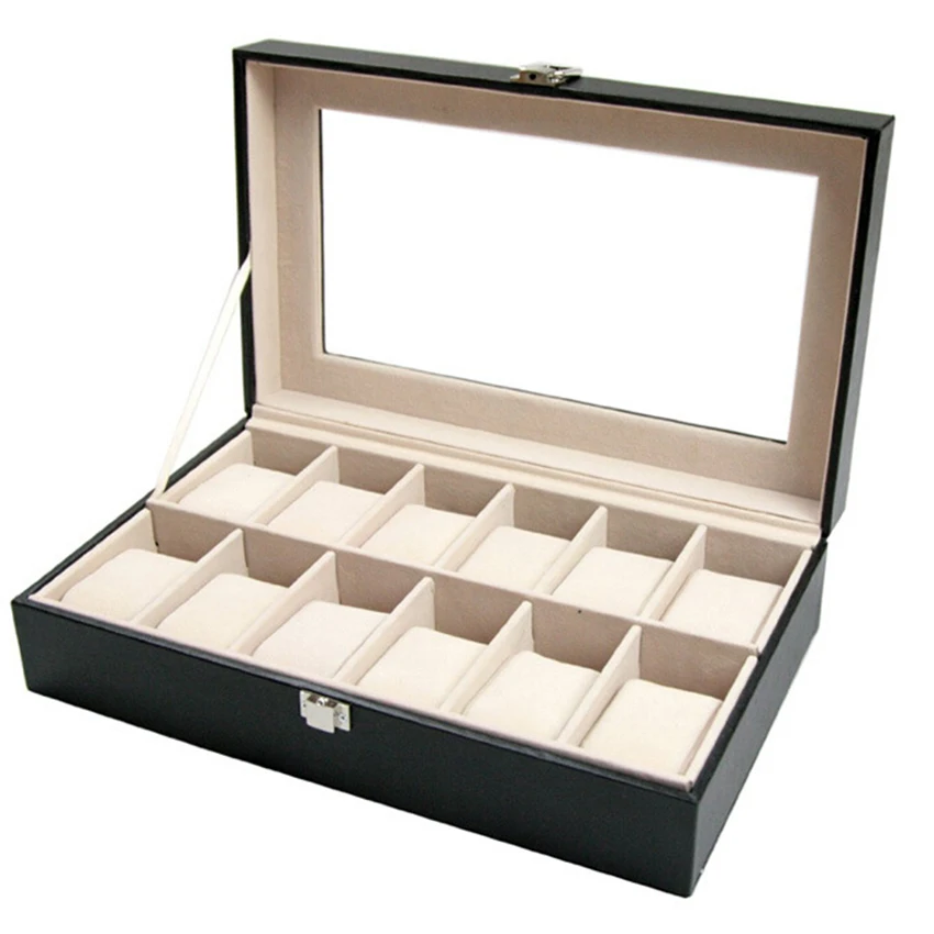 Nowy 12 Slot Leather Watch Box Gablocie Drewna Top Biżuteria Organizator Przechowywania