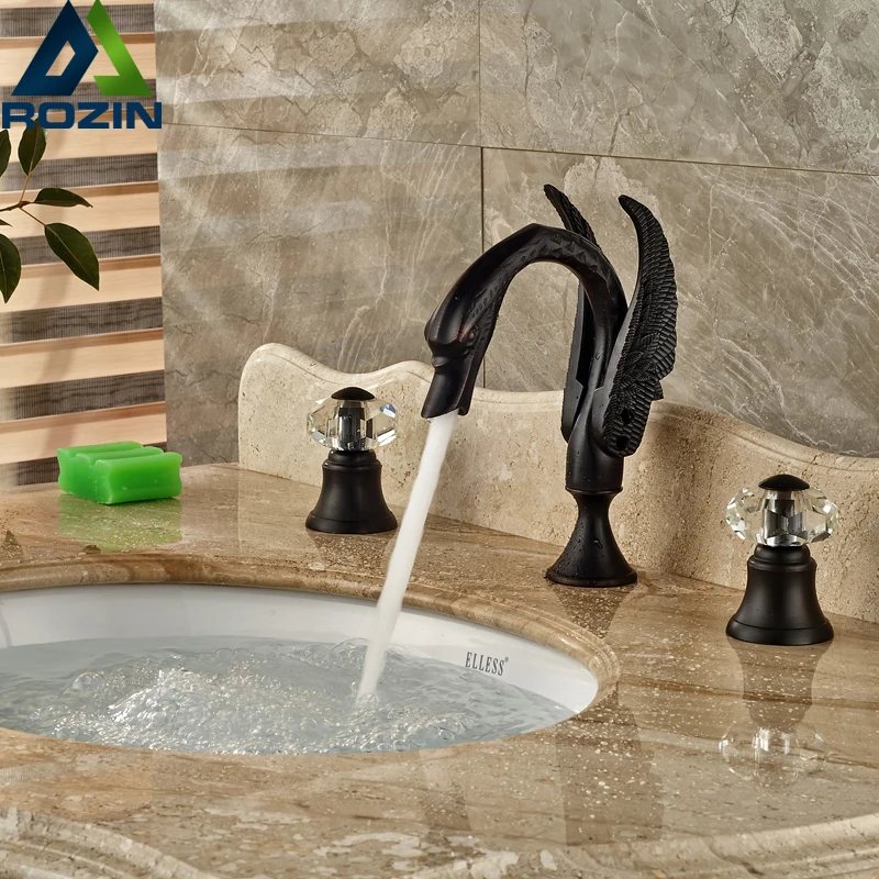 Deck Mount Two Crystal Handles Swan Basin Faucet Bathroom Sink Mixer Tap Oil Rubbed Bronze 3 holes