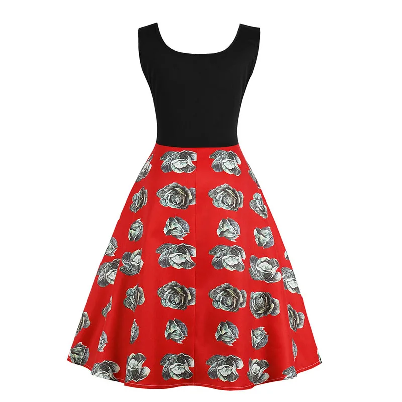 ShejoinSheenjoy Hepburn O-Neck Printing Summer Dresses Women Sleeveless Red O-Neck Dresses Sundress Ladies Ball Gown Dress (5)