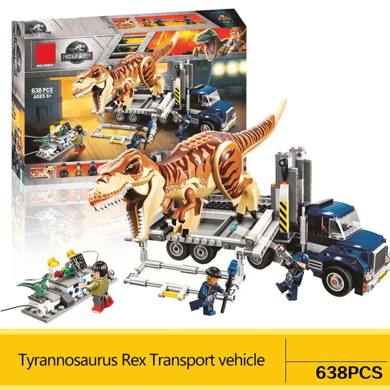 New 638pcs Jurassic Park 2 Tyrannosaurus Transport vehicle Building Block Bricks Toys Compatible With Legoings Dinosaur 75933