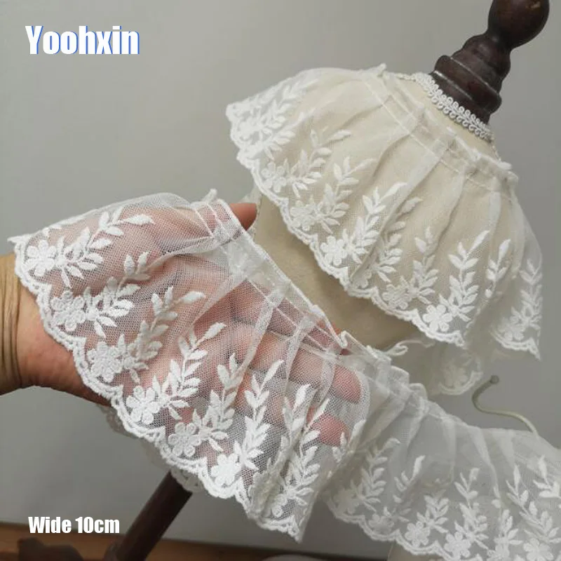 

10cm Wide Luxury Cotton Embroidered White flower lace fabric sewing DIY trim applique Ribbon collar guipure cloth wedding decor