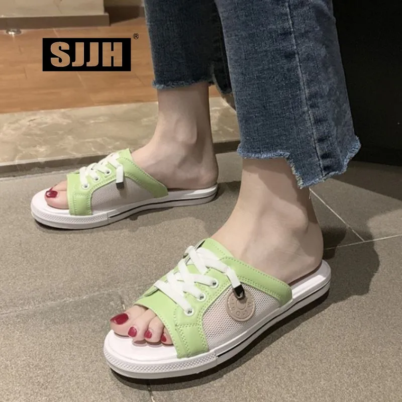 SJJH Woman Casual Outdoor Slippers with Open Toe Air Mesh Comfortable Footwear Cross-tied Slides Fashion Girls Shoes A1361