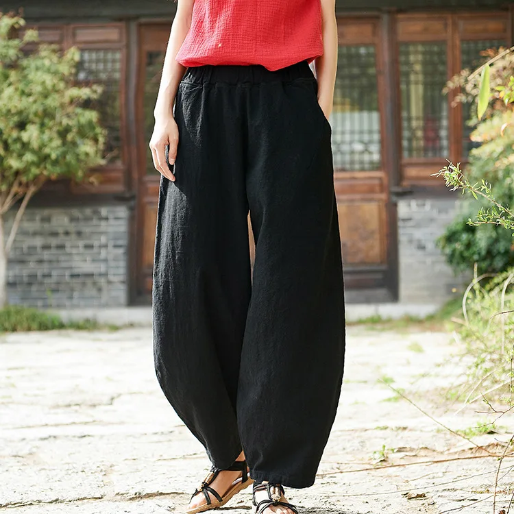 LZJN 2019 New Women Solid Color Pockets Loose Pants Vintage Elastic Waist Cotton Linen Wide Leg Full Length Pants (40)
