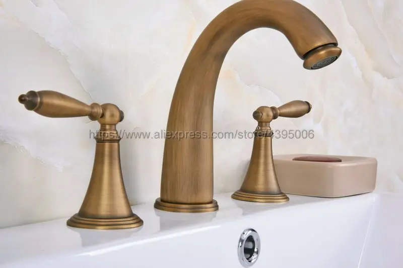 

Antique Brass Widespread Bathroom Basin Faucet Dual Handle 3 Holes Basin Mixer Sink Taps Deck Mounted Ban081