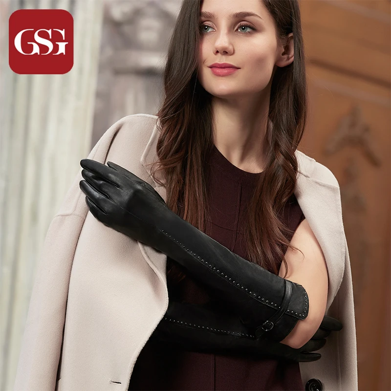 Gsg 女性ロング本革手袋ファッションスタッズパッチワーク冬暖かい裏地肘駆動手袋スリム黒ミトン Black Mittens Long Genuine Leather Glovesgenuine Leather Gloves Aliexpress