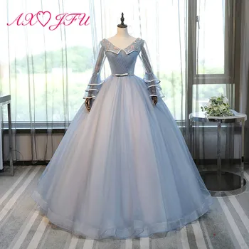 

AXJFU blue flower evening dress princess sexy bow evening dress art solo performance rose flower lace evening dress NY428