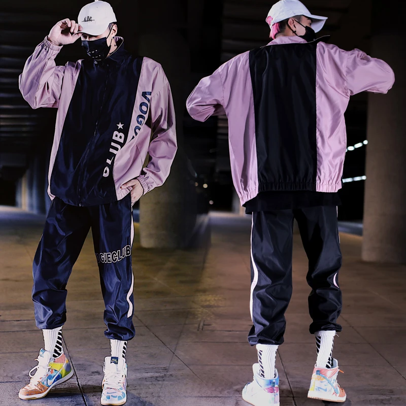 

2 Pieces Sets Men Sweatsuits Color Block Patchwork Jacket And Loose Fit Elastic Waist Pants Hip Hop Mens Tracksuit Streetwear