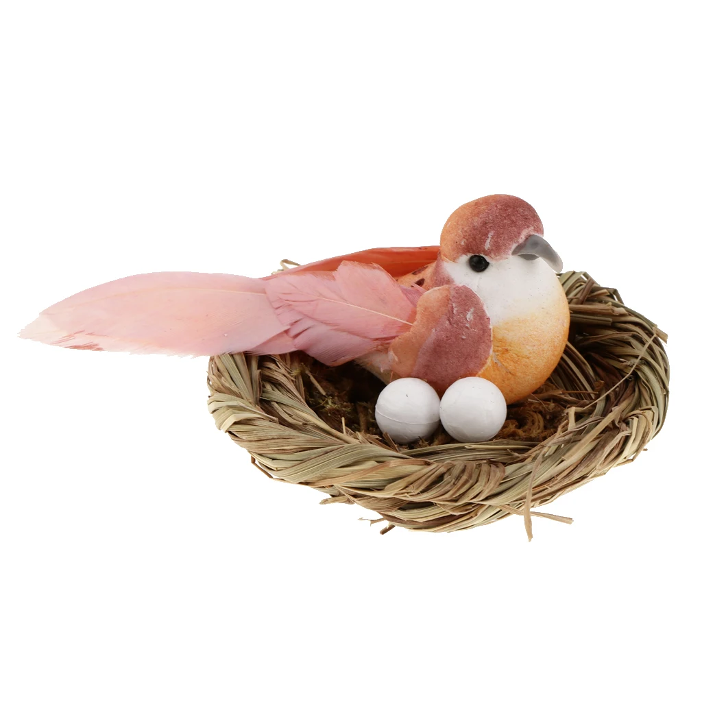 Mini Feather Foam Bird Artificial Hay Bird Nest & Birds Eggs for Indoor Outdoor Plant Ornament Yard Garden Decor