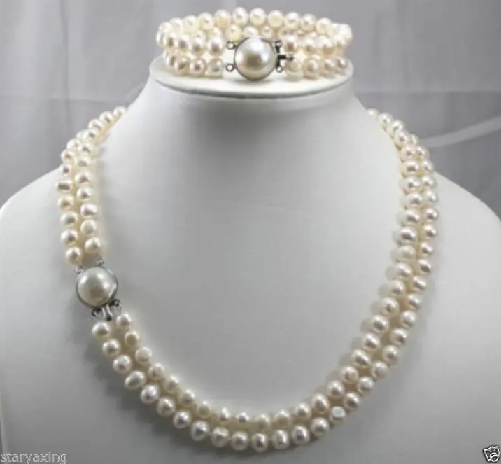

SHIPPING HOT sell new Style >>>>2 Row 7-8MM Freshwater Cultured pearls Necklace Bracelet Set