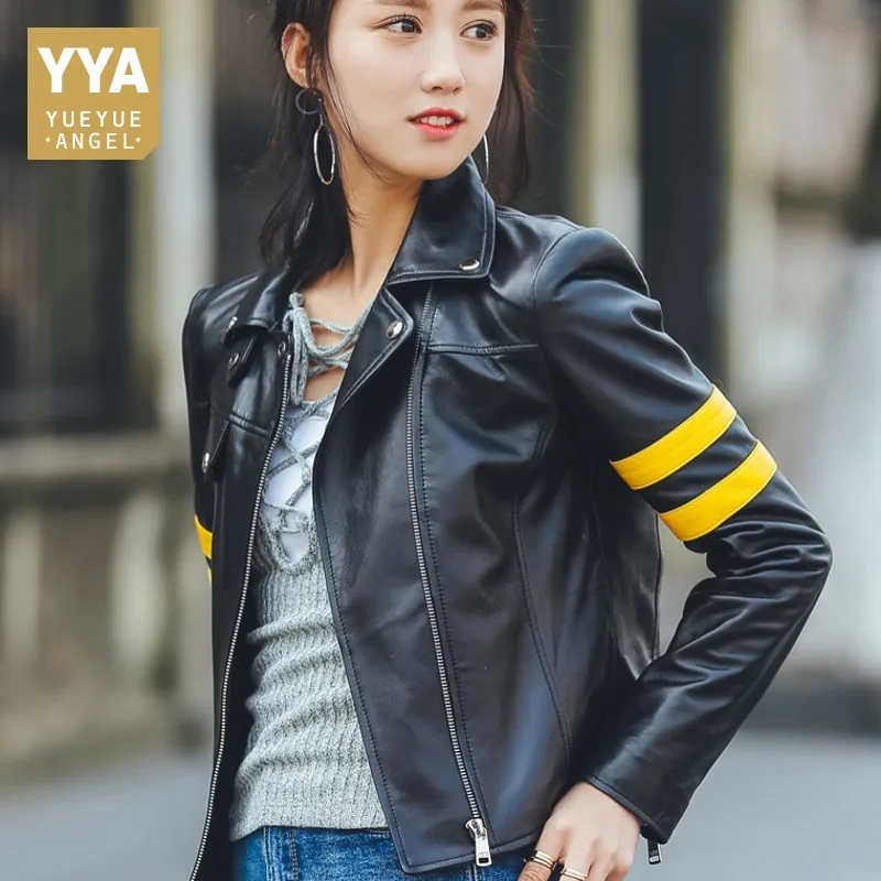 

Motorcycle Biker Genuine Leather Jacket Women Short Style Zipper Boyfriend Ladies Coat Slim Fit Long Sleeve Punk Leather Jackets