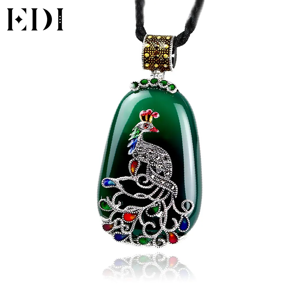 EDI Vintage Green/Black/Yellow Agate Gems Necklace Pendant For Women 925 Sterling Silver Cord Peacock Figure Cloisonne Jewelry