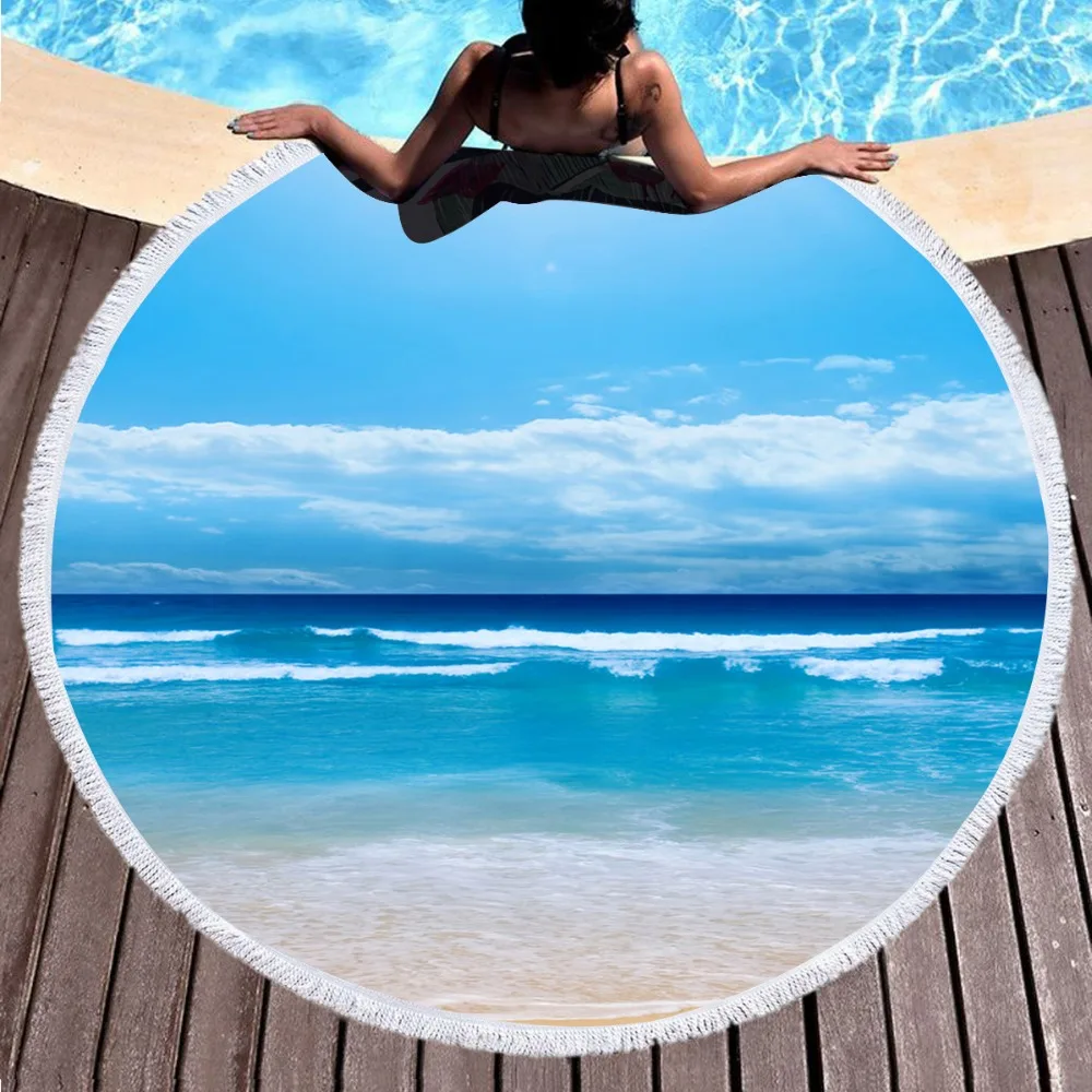 

Adults Beach Cover Up Yoga Blanket Blue Ocean 150cm Round Microfiber Swim Tassel Towel Beach Shawls Quick Dry Picnic Camping Mat