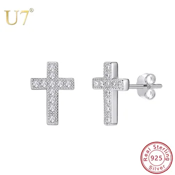 

U7 925 Sterling Silver Cross Stud Earrings Cubic Zirconia Luxury Full Crystal Earrings Women Jewelry Bridesmaid Christmas Gift