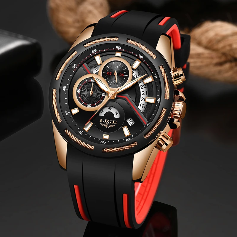 Billig Relogio Masculino 2019 LIGE Herren Uhren Silikon Strap Top Marke Luxus Wasserdichte Sport Chronograph Gold Quarz Armbanduhr + Box