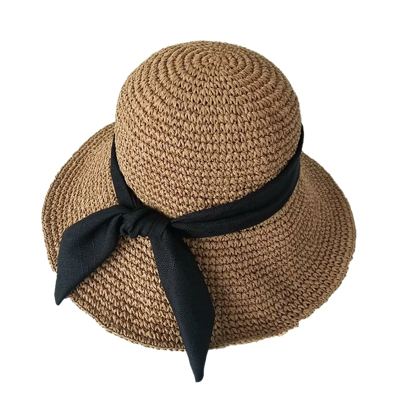 

NEW-Women Sun Hats Fold Hand Made Straw Hat Female Ribbon Bow-Knot Wide Brim Beach Hat Casual Summer Shade Anti Uv Cap Black R