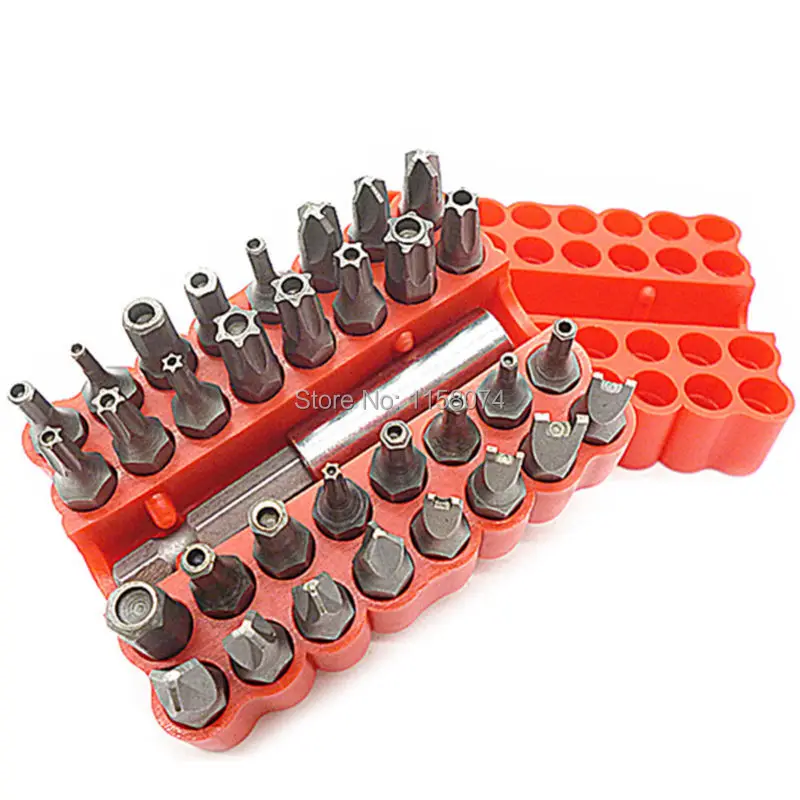 SCREWDRIVER BIT SET 33 PC SECURITY TOOL DRILL HOLDER TORX STAR HEX WITH RED CASE