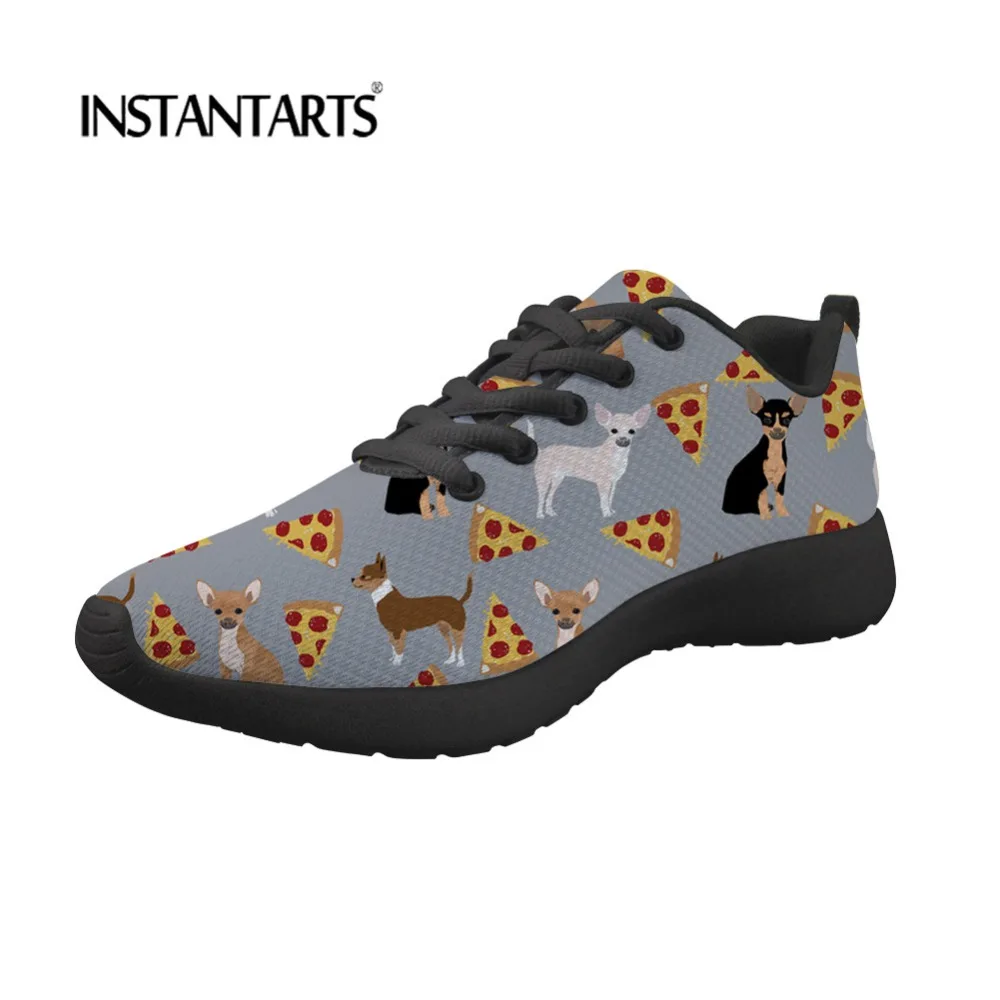 

INSTANTARTS Cute Cartoon Chihuahua Dog With Pizza Pattern Female Casual Shoes Comfortable Sneaker Shoes Lace Up Flat Shoes Women