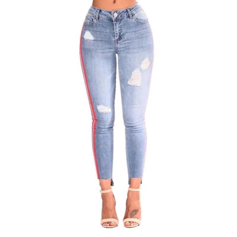 Красные боковые полосы джинсы с высокой посадкой пышные Джинсы женские 2018 Эластичные, высокая посадка джинсы скинни рваные большие бедра