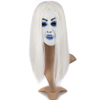 

FGHGF Scary Mask Halloween Toothy Zombie Bride With White Hair Horror Ghost Mask