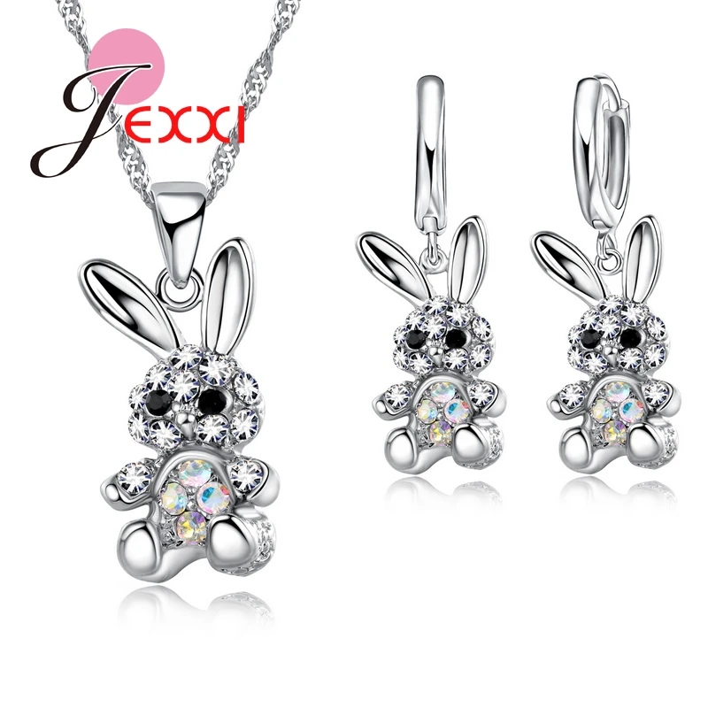 

Girl Female Best Gifts 925 Sterling Silver Chain CZ Crystal Stone Cute Rabbit Pendant Necklace Earrings Bijoux Accessories
