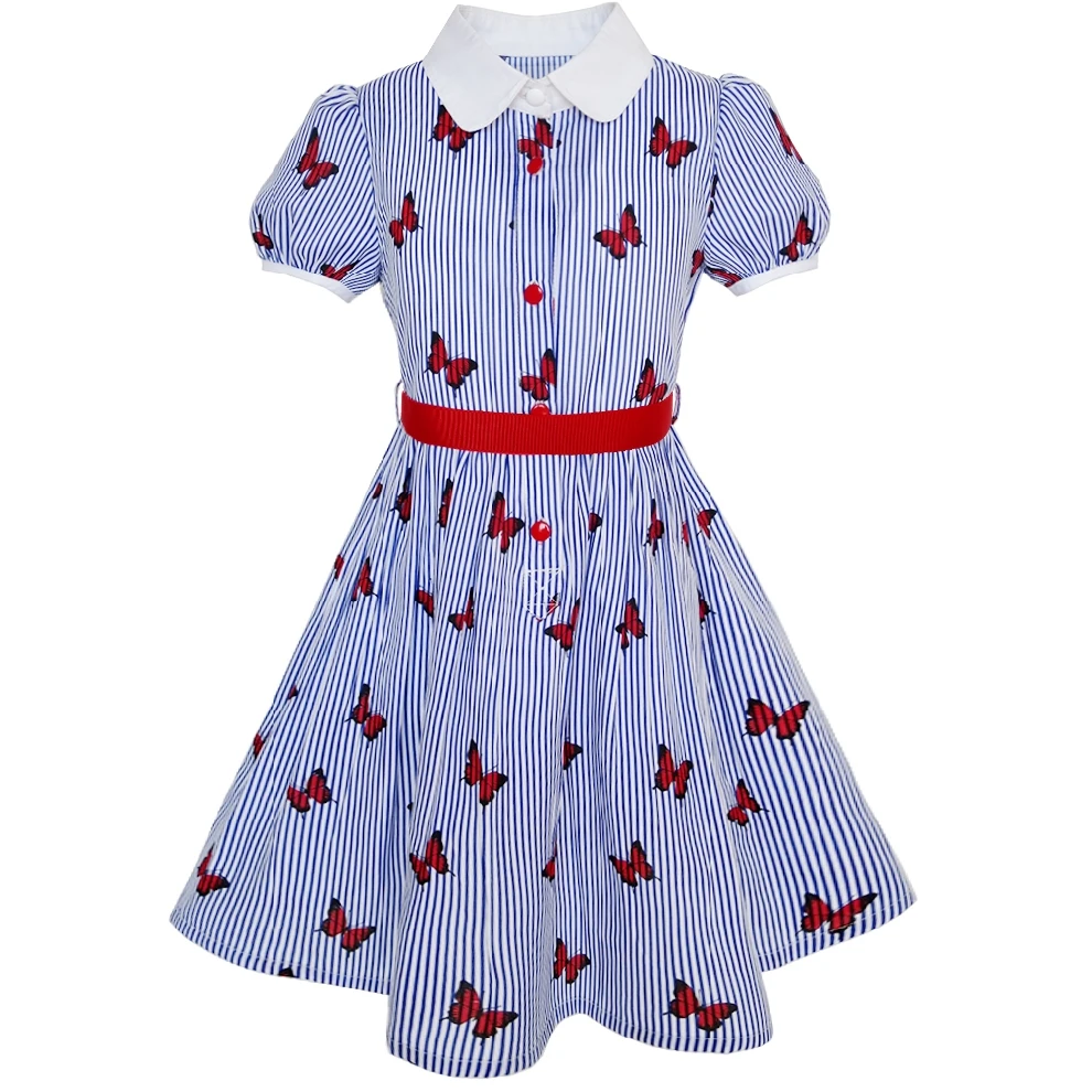 

Girls Dress School Uniform Blue Strip Butterfly Gingham Cotton 2019 Summer Princess Wedding Party Dresses Kids Clothes Pageant