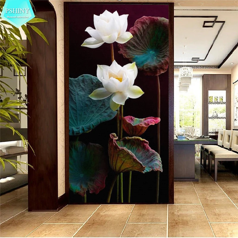 

PSHINY 5D DIY Diamond embroidery sale White Lotus flowers Full drill Square rhinestones pictures Diamond Painting new arrivals