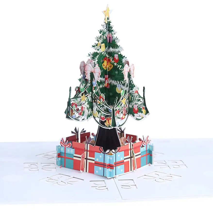 10 шт. Цвет печатных Рождество дерево Оригами 3D pop up Поздравительные открытки приглашение Почтовые открытки на день рождения для рождественской вечеринки подарок