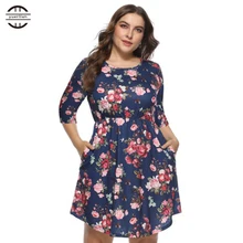 2019 New Spring Big Size Women Dresses Elegant O Neck Floral Print Dress Casual Three Quarter Sleeve Pockets 4XL Plus Size Dress 2019 New Spring Big Size Women Dresses Elegant O Neck Floral Print Dress Casual Three Quarter Sleeve Pockets 4XL Plus Size Dress