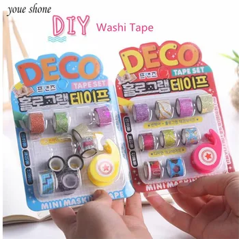 

9Pcs=1set Color Hand Tear Washi Tape Adhesive Tape Holder Stationery Whole Roll Cartoon DIY Album Diary Hand Account Decoration
