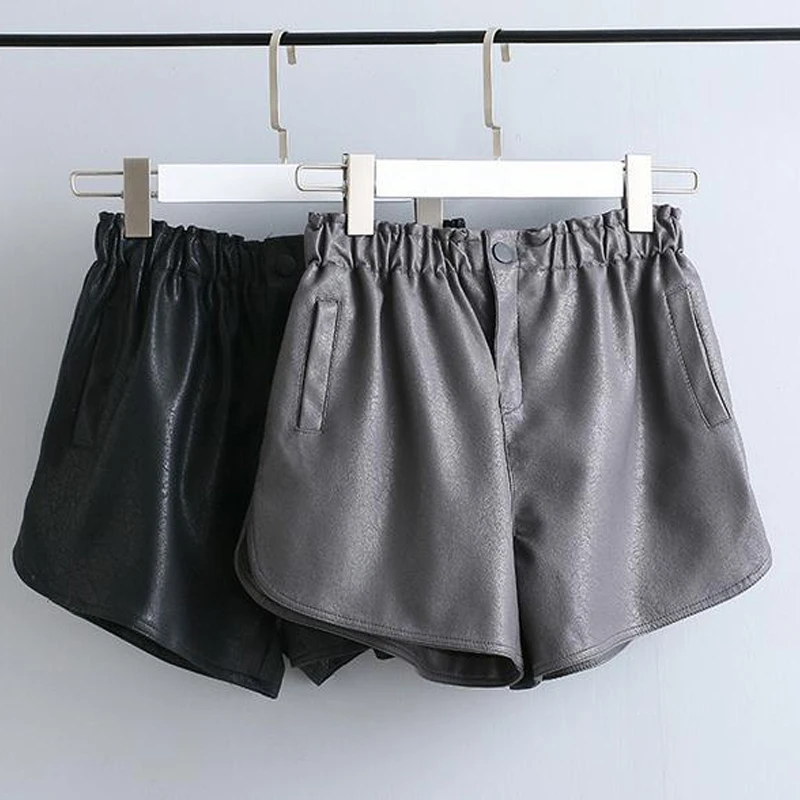 Fashion Casual Women Winter Shorts PU Leather Elastic