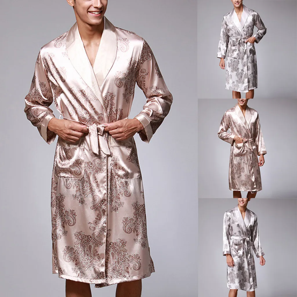 Мужской халат, имитация шелковой пижамы с принтом, белье, халат, одежда для сна, кимоно, homme#2