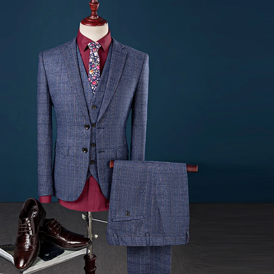 Striped Blazer Men Business Style Suit Wedding Suit Groom Tuxedos Slim Fit for Men 3 Pieces (Jacket+Vest+Pants) Plaid Suits Men