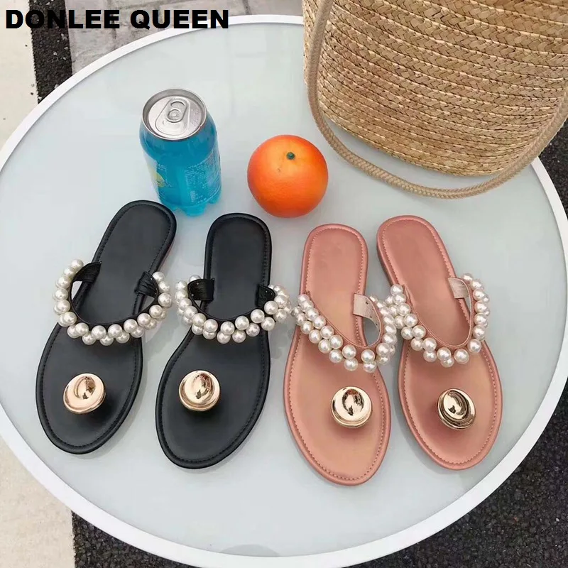 

2019 New Summer Slippers Shoes Women Brand Pearl String Bead Sandals Slip On Slides Beach Flip Flops Flat Casual sandalias mujer