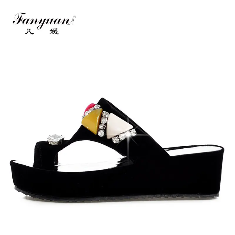 

Fanyuan Outside Summer Velvet calzado women shoes Mixed Colors Geometric Ladies Flip Flops Crystal Women's Platform Slides