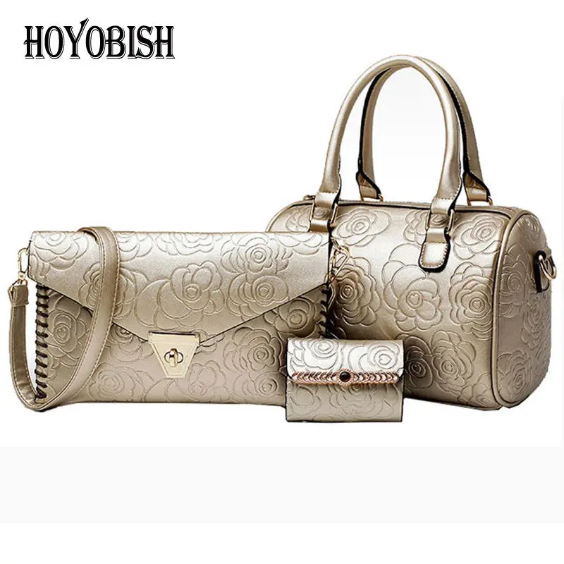 

HOYOBISH 3 pcs/set Floral Pattern Leather Women Composite Bag Luxury Cards Holder For Lady Embossing Handbag Shoulder Bags OH103