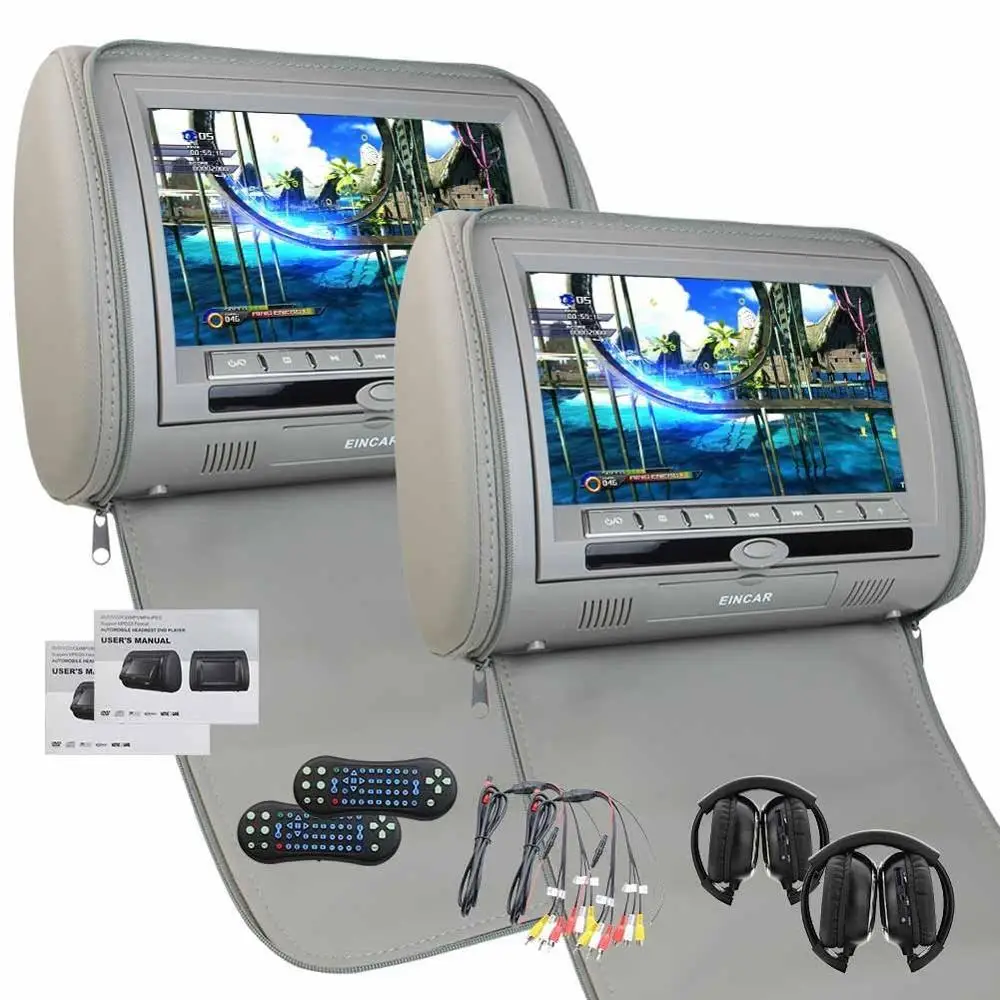 Pair of Grey Headrests Monitor 9 Inch Dual DVD Player with LCD Screen