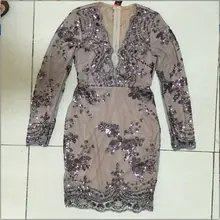[BIG SALE] New Trend Multicolor Sexy Deep V Sequins Package Hip Long-sleeved Dress XS~XL 5 Colors